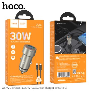 HOCO Z57A Зарядно за кола USB+USB-C PD30W + QC3.0 30W - Type-C към Type-C