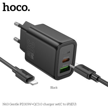 HOCO N63 Зарядно USB-C PD30W TYPE-C към Lightning - Черен