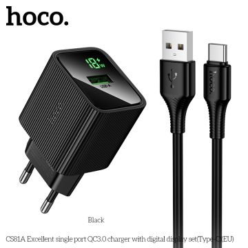 Зарядно устройство HOCO CS81A / USB-Type-C / 18W  /  с дисплей, черно