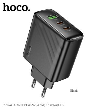 Зарядно устройство Hoco CS26A 2USB-C/1USB PD/QC 45W, черно
