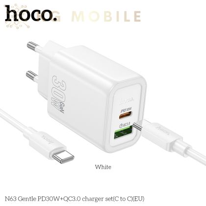 HOCO N63 Зарядно USB-C PD30W TYPE-C към TYPE-C - Бял 