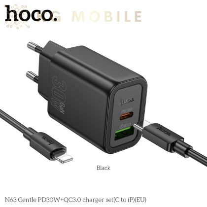 HOCO N63 Зарядно USB-C PD30W TYPE-C към Lightning - Черен