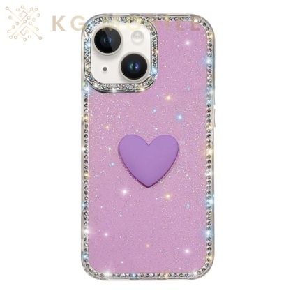 Кейс Love Heart за iPhone 13 / 14 - лилав с блясък
