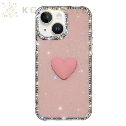 Кейс Love Heart за iPhone 13 / 14 - розов с блясък