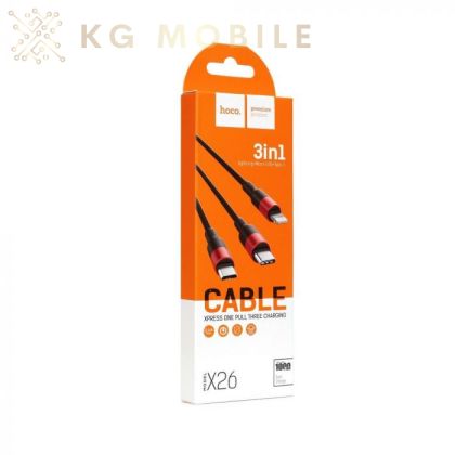 X26, HOCO метален кабел за зареждане 3 в 1, за Lightning / Micro-USB / Type-C, 1m, до 2A.