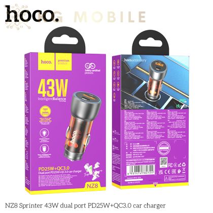 HOCO NZ8 12v. зарядно за кола 43W QC3.0USB+PD25W Dual Port - Черен