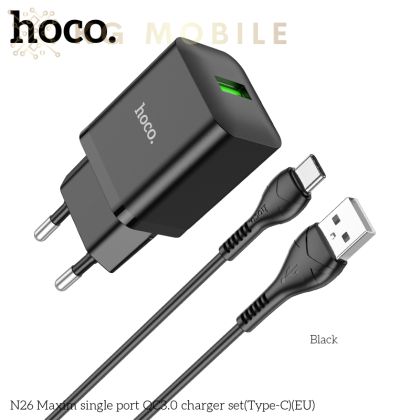 Зарядно устройство HOCO N26 , 18W , QC3.0  , 1 X USB , Кабел USB-C / Type-C  - черно