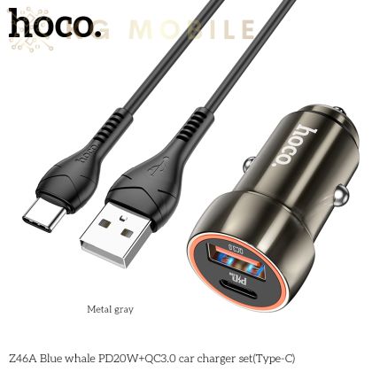 HOCO Адаптер за кола Z46A с 2 изхода PD20W+QC3.0  и кабел USB към Type-C (сив металик) 